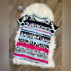 Women mixed Animal Print Cow Leopard Short Sleeve Tee Shirt